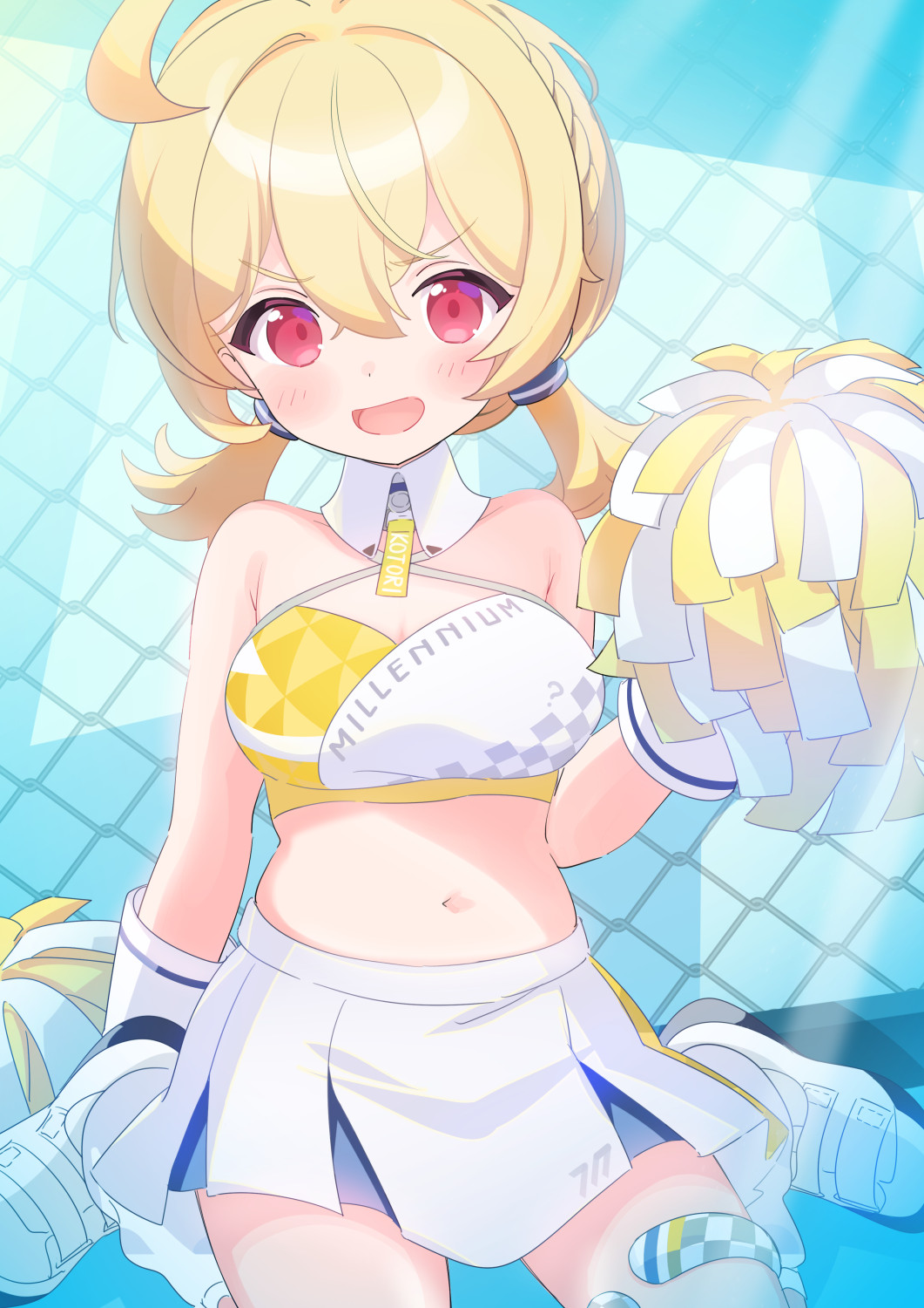 1girl, ahoge, blonde_hair, blue_archive, breasts, collar, criss-cross_halter, detached_collar, gloves, halterneck, highres, holding, holding_pom_poms, kotori_(blue_archive), kotori_(cheer_squad)_(blue_archive), large_breasts, looking_at_viewer, low_twintails, millennium_cheerleader_outfit_(blue_archive), navel, official_alternate_costume, open_mouth, pom_pom_(cheerleading), pom_poms, red_eyes, short_hair, smile, solo, thigh_strap, twintails, white_collar, white_gloves, yunosuke_kon
