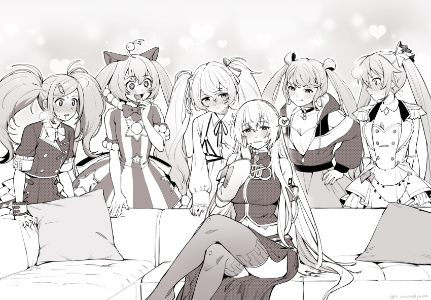 25-ji_miku, 6+girls, alternate_costume, alternate_hairstyle, animal_ears, blush, bow, bowtie, cat_ears, cat_girl, commentary, couch, crossed_legs, drooling, english_commentary, epaulettes, fang, ge-b, hand_on_own_face, hatsune_miku, heart, highres, leo/need_miku, licking_lips, long_hair, looking_at_another, megurine_luka, meme, midriff, monochrome, more_more_jump!_miku, multiple_girls, multiple_persona, navel, paperclip_hair_ornament, pillow, piper_perri_surrounded_(meme), project_sekai, simple_background, sitting, smile, spoken_heart, thighhighs, tongue, tongue_out, twintails, very_long_hair, vivid_bad_squad_miku, vocaloid, wonderlands_x_showtime_miku, yuri