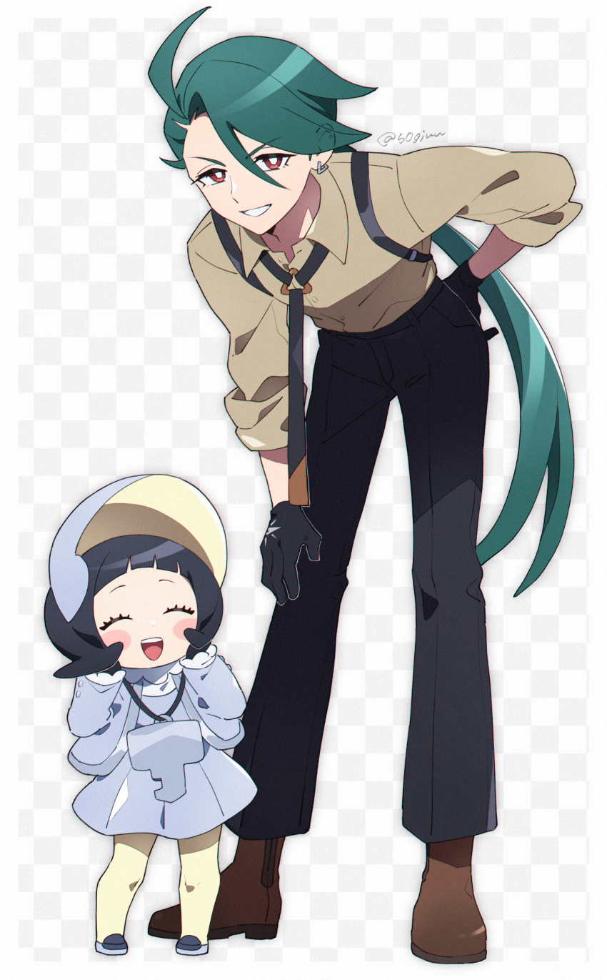 2girls, ahoge, bent_over, black_gloves, black_hair, black_necktie, black_pants, bright_pupils