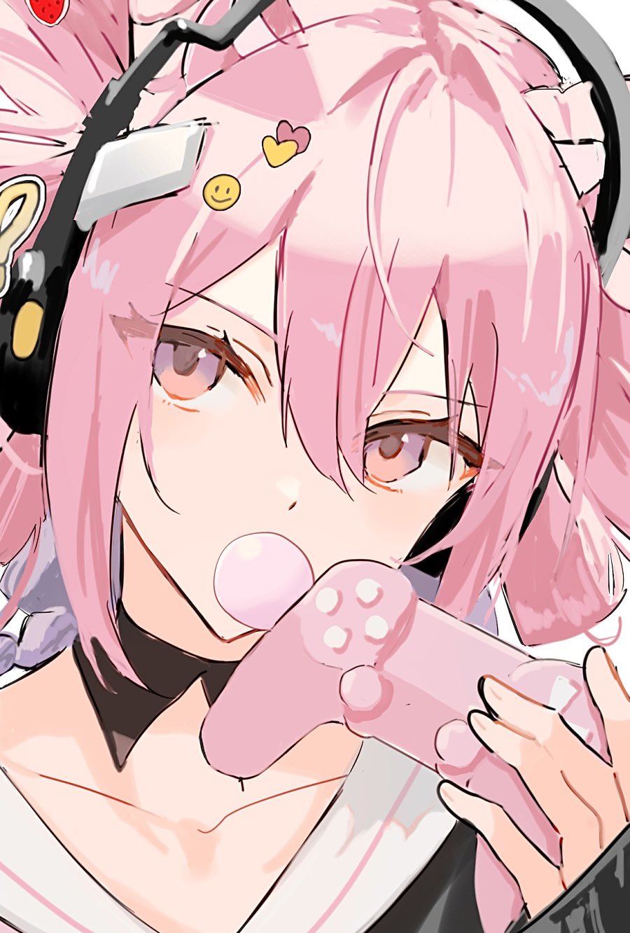 1girl, arknights, blowing_bubble_gum, blowing_bubbles, chewing_gum, commentary, controller, drill_hair, game_controller, head_tilt, headphones, highres, hishoti_cheese, holding, holding_controller, holding_game_controller, long_sleeves, looking_at_viewer, looking_to_the_side, pink_eyes, pink_hair, romaji_commentary, short_hair, sleeves_past_wrists, solo, u-official_(arknights)