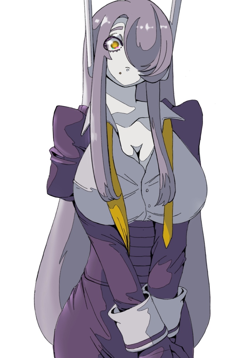 1girl, breasts, cleavage, genderswap, genderswap_(mtf), gloves, grey_shirt, hair_over_one_eye