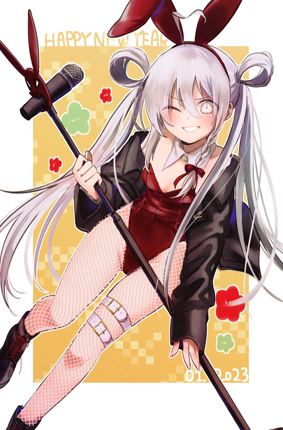 1girl, ahoge, animal_ears, black_boots, black_jacket, boots, bow, braid, breasts, chinese_zodiac, detached_collar, evil_smile, fake_animal_ears, fishnet_pantyhose, fishnets, floral_background, from_above, hair_between_eyes, hair_bow, hair_rings, happy_new_year, highres, holding, holding_microphone_stand, hoshi_syoko, idolmaster, idolmaster_cinderella_girls, jacket, jacket_partially_removed, kobara_suita, long_hair, long_sleeves, microphone_stand, new_year, one_eye_closed, open_clothes, open_jacket, outside_border, pantyhose, playboy_bunny, rabbit_ears, red_bow, side_braid, sleeves_past_wrists, small_breasts, smile, solo, swept_bangs, thigh_strap, twintails, white_eyes, white_hair, white_pantyhose, year_of_the_rabbit, yellow_background