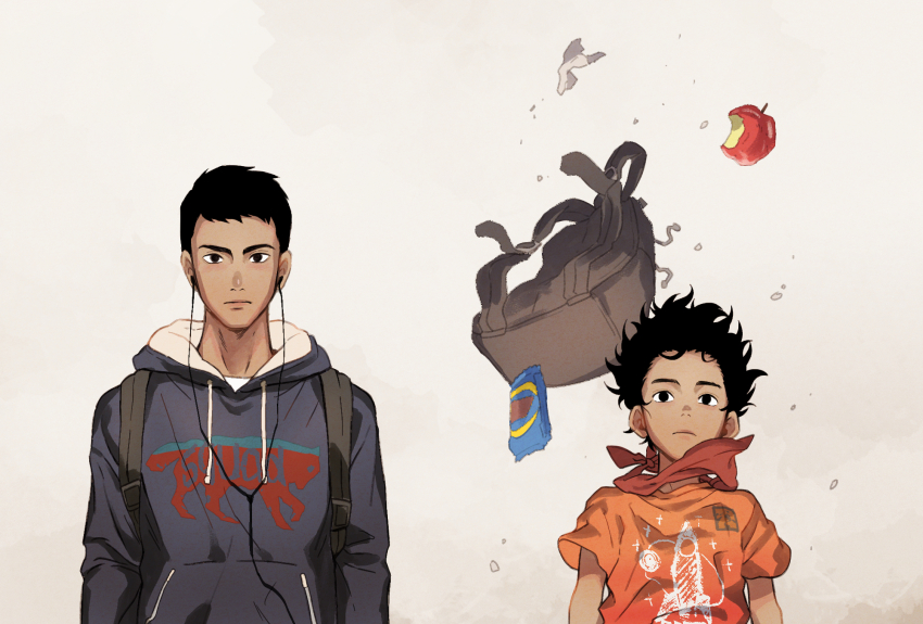 2boys, apple, ascot, backpack, bag, black_eyes, black_hair, brothers