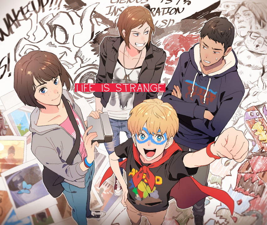 2boys, 2girls, arm_up, blonde_hair, blue_eyes, brown_eyes, brown_hair, cape