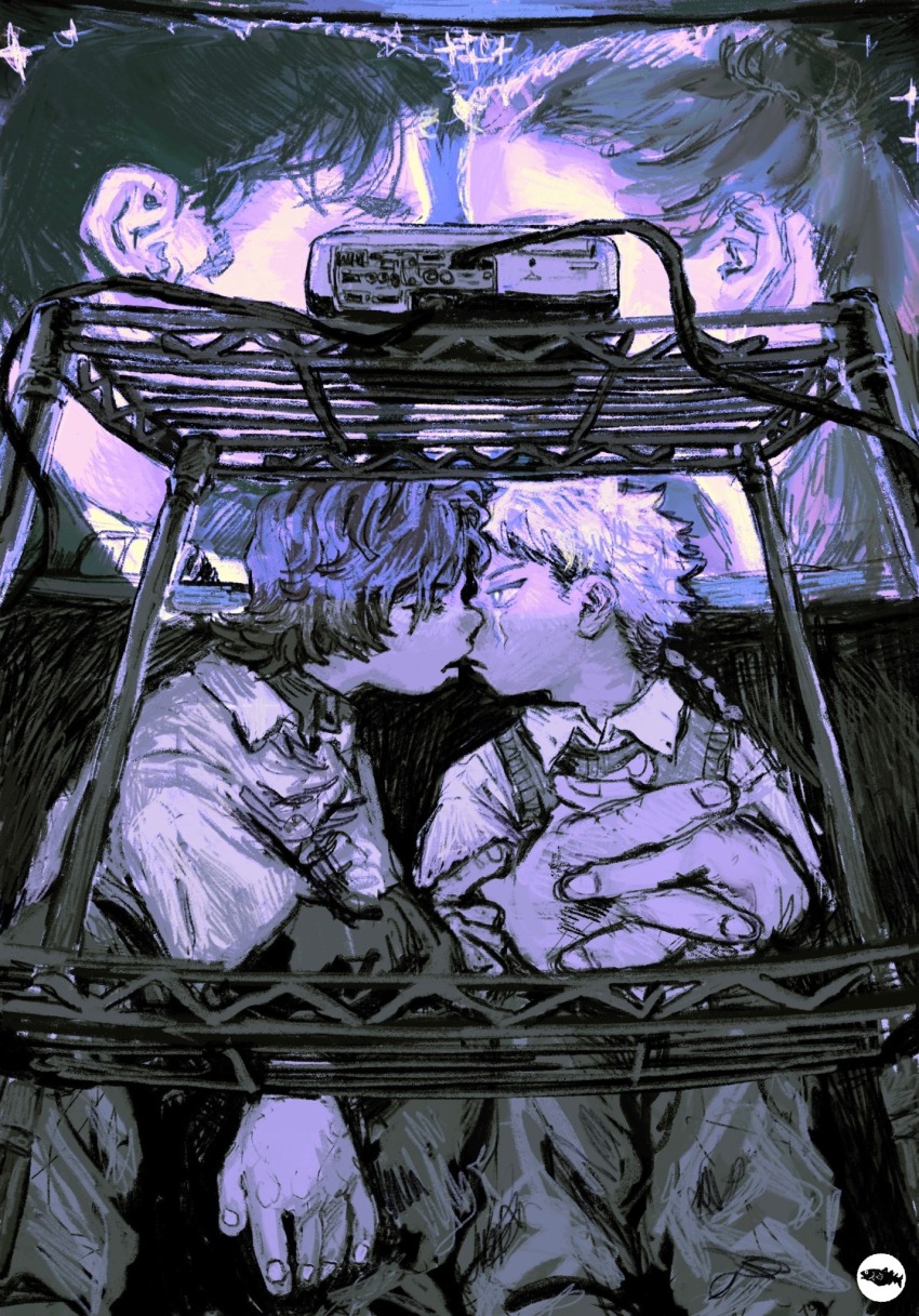 2boys, baggy_pants, highres, imminent_kiss, limited_palette, looking_at_another, mettaflix, multiple_boys, original, pants, shirt, sitting, yaoi