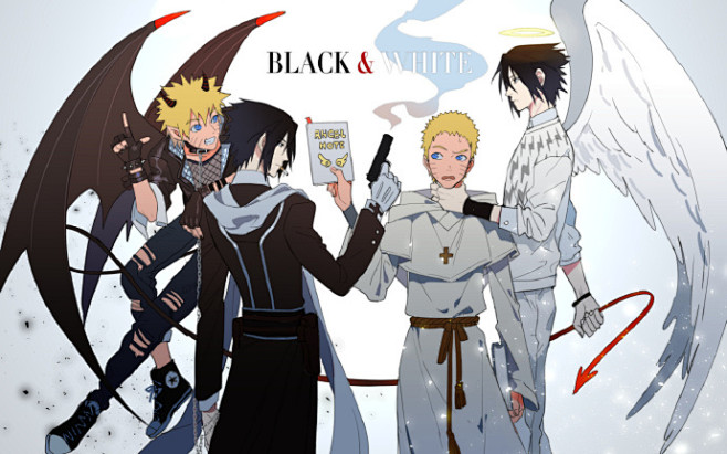 angel_wings, demon_tail, demon_wings, gloves, gun, holding, holding_gun, holding_weapon, jokerplaner, naruto_(series), tail, uchiha_sasuke, uzumaki_naruto, weapon, white_gloves, wings, yaoi