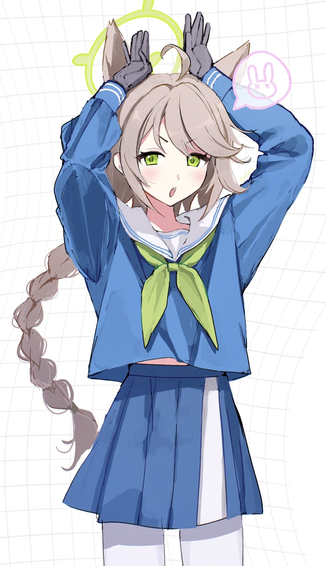 1girl, :o, ahoge, animal_ears, arms_up, black_gloves, blue_archive, blue_serafuku