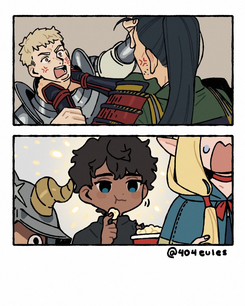 1girl, 4boys, :t, anger_vein, armor, artist_name, black_hair, blonde_hair