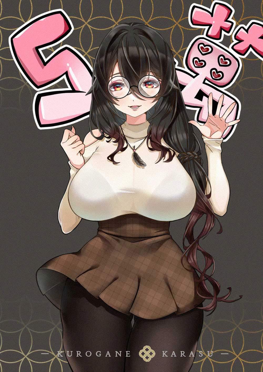 1girl, allenhalo, black_pantyhose, breasts, brown_skirt, brown_sweater, character_name, chinese_commentary, clothing_cutout, floating_clothes, glasses, grey_background, heart, highres, kurogane_karasu, large_breasts, long_hair, nkshoujo, open_hand, open_mouth, orange_eyes, pantyhose, round_eyewear, shoulder_cutout, skirt, smile, solo, sweater, sweater_tucked_in, very_long_hair, virtual_youtuber