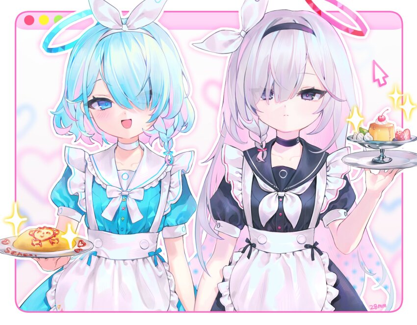 28mm, 2girls, alternate_costume, apron, arona_(blue_archive), artist_name, black_choker, black_dress