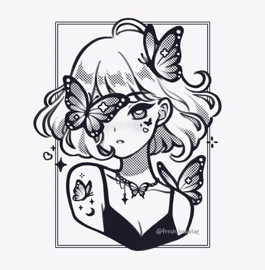 1girl, black_border, border, bug, butterfly, butterfly_necklace, butterfly_on_face, butterfly_on_shoulder