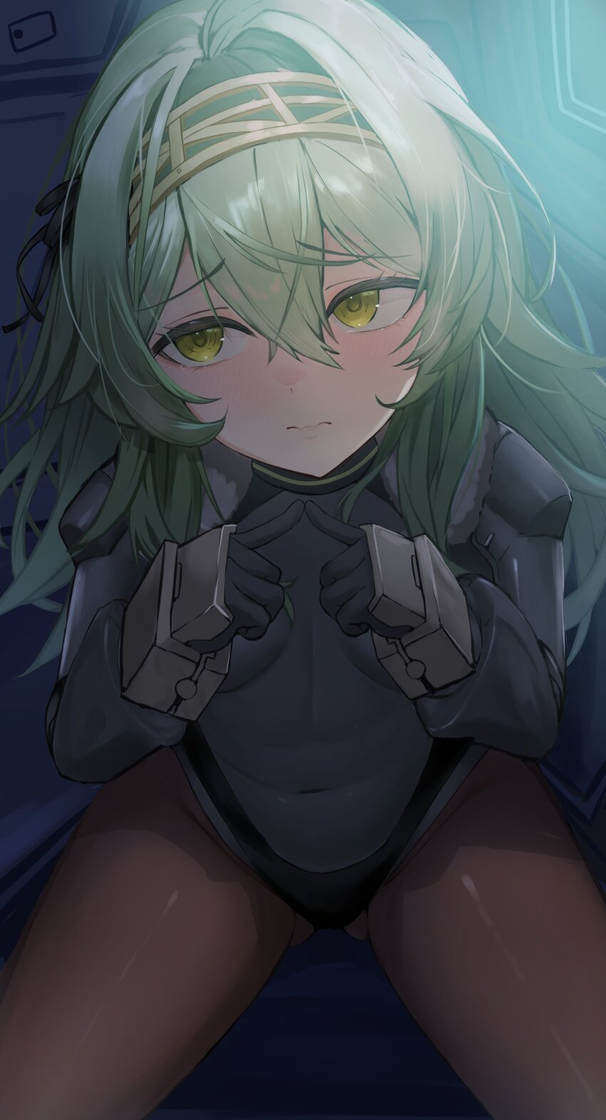 1girl, absurdres, armored_gloves, belt_pouch, black_bodysuit, black_ribbon, black_skirt, blush