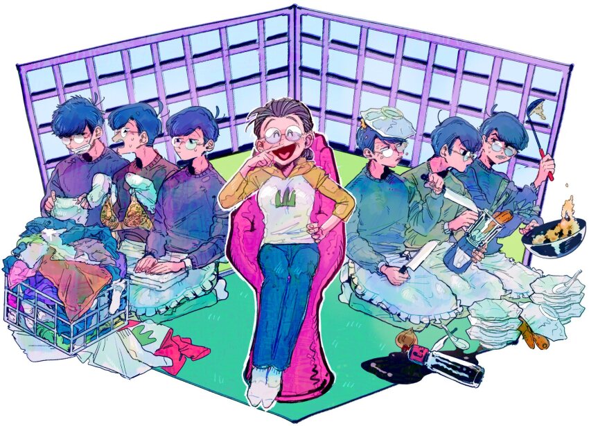 <o>_<o>, 1girl, 6+boys, apron, bespectacled, blender_(object), breasts, carrot