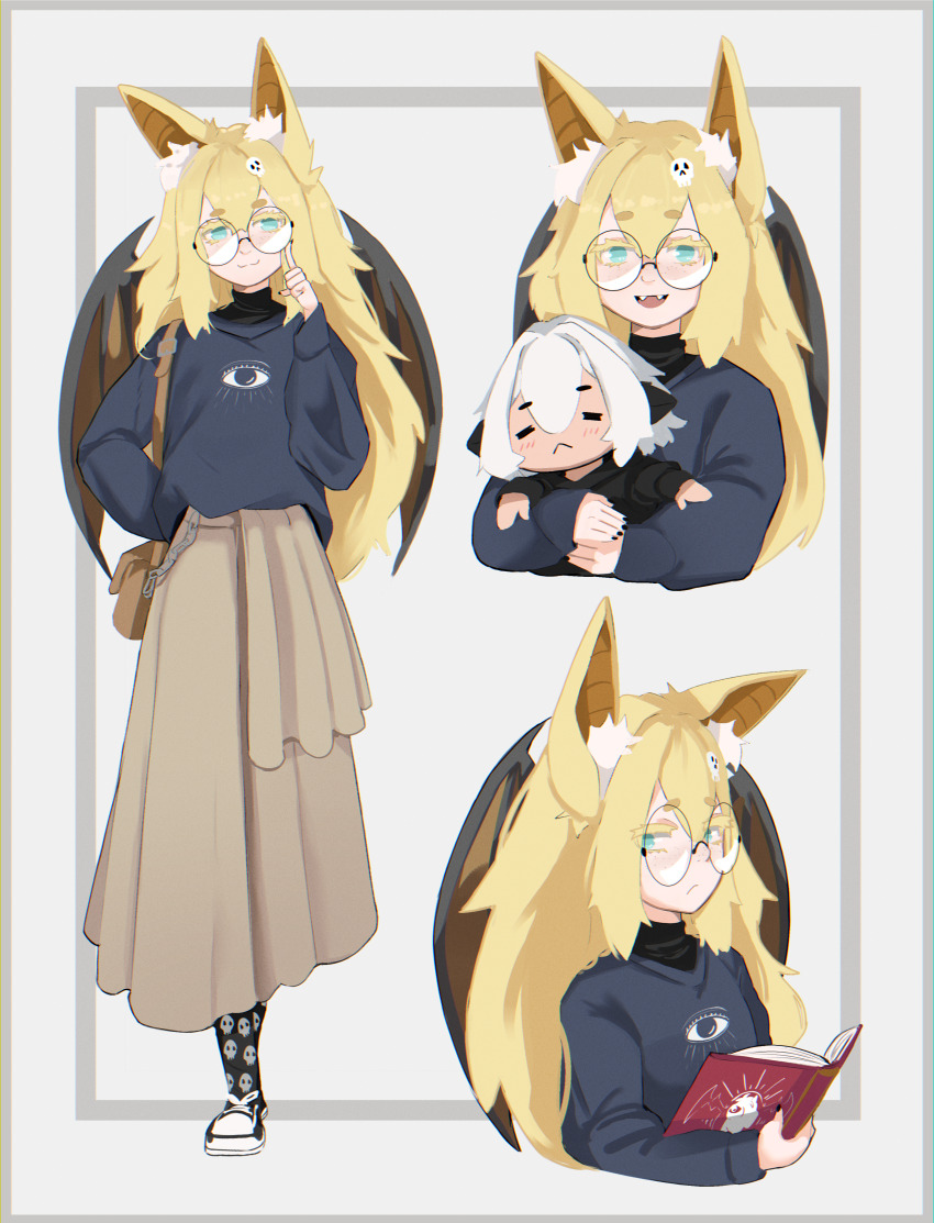 2girls, absurdres, animal_ears, bag, bat_ears, bat_wings, black_nails, blonde_hair