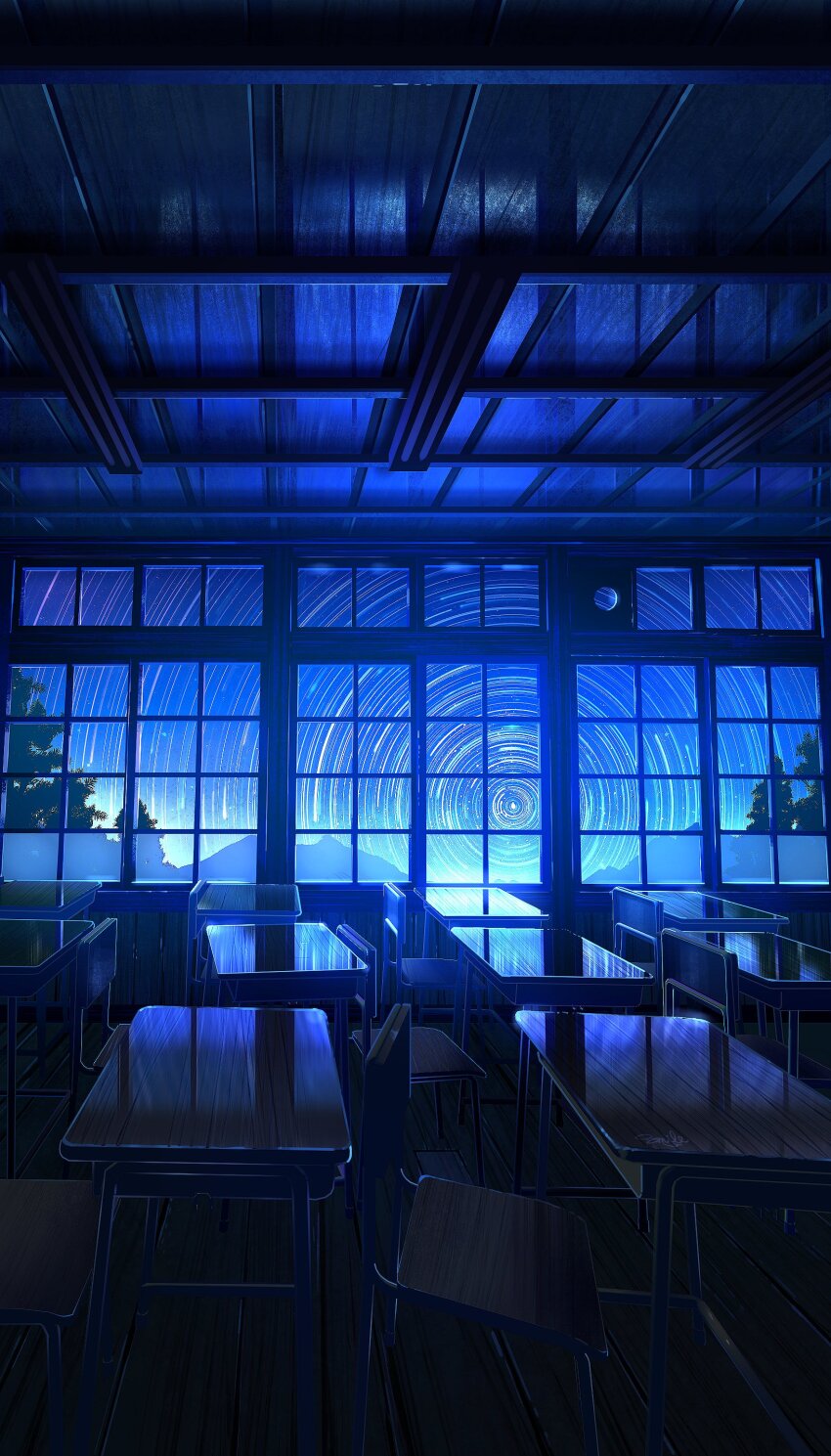 absurdres, chair, classroom, dark, desk, highres, indoors, long_exposure