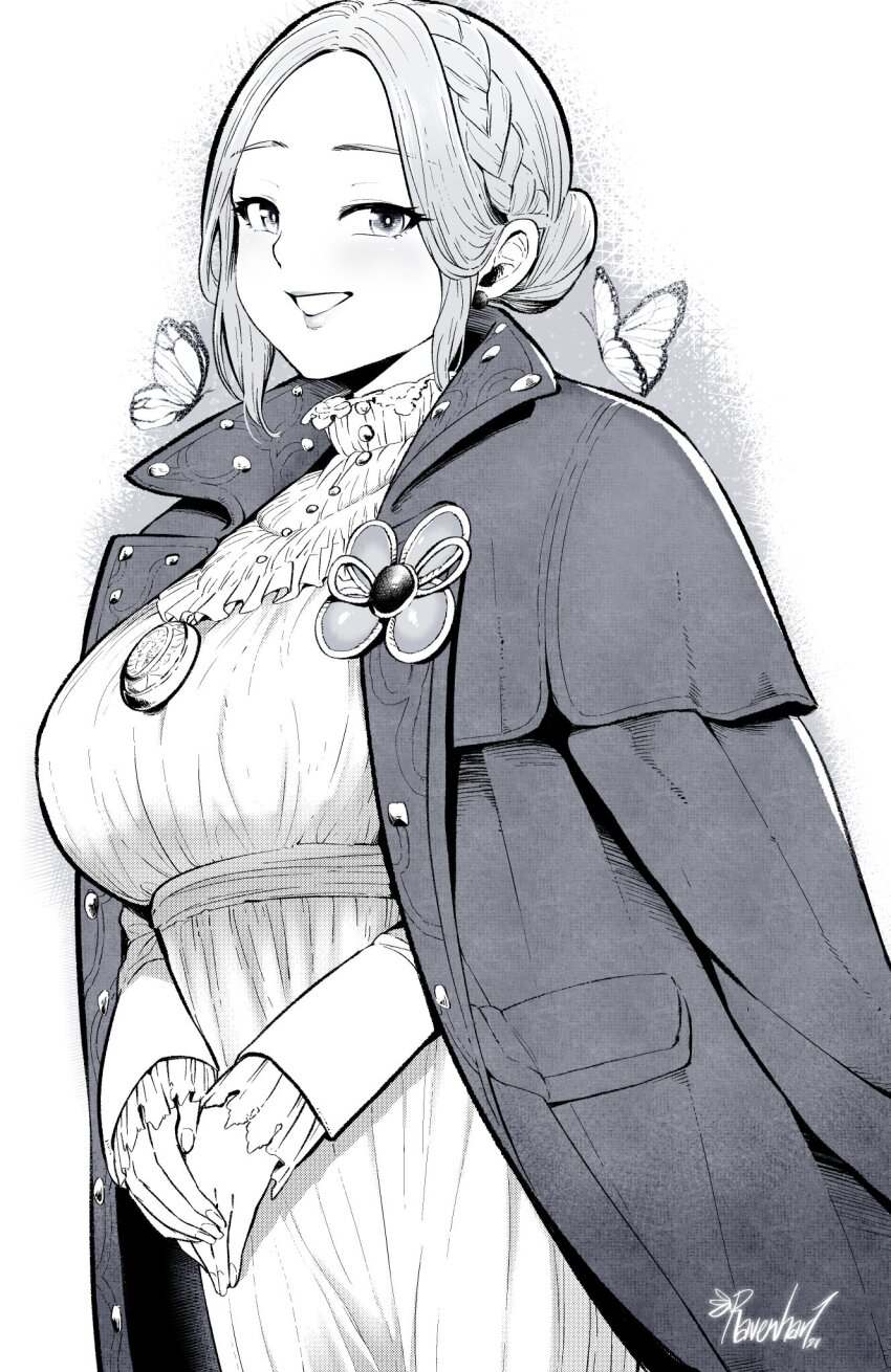 1girl, braid, breasts, brooch, bug, butterfly, coat, coat_on_shoulders, cropped_legs, dress, frills, highres, insect, jewelry, large_breasts, lies_of_p, own_hands_together, ravenhart, smile, solo, sophia_monad, standing