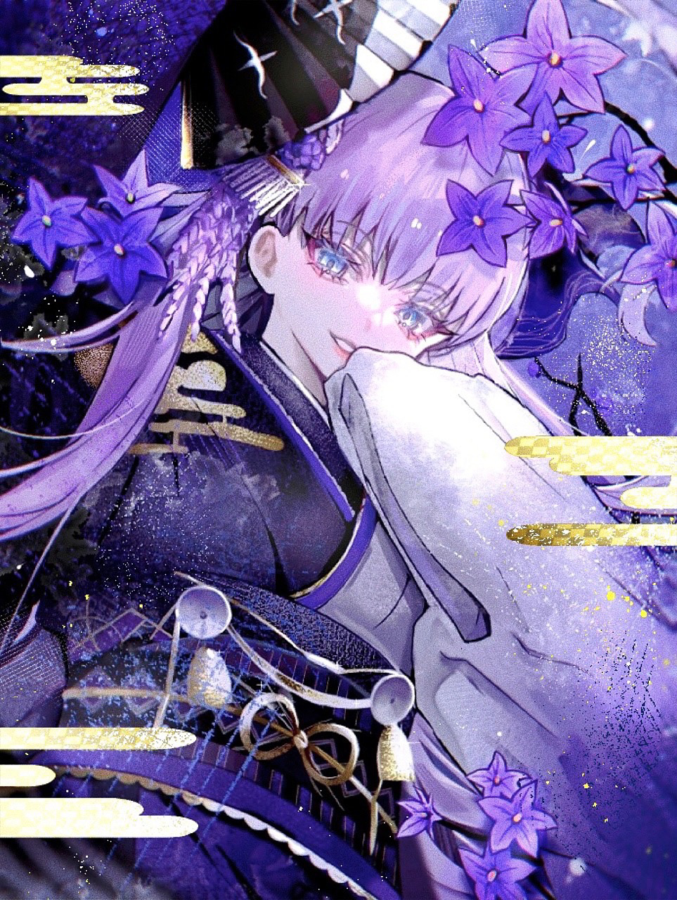 1girl, alternate_costume, arm_up, black_sash, blue_eyes, bow, branch, diandao_qin