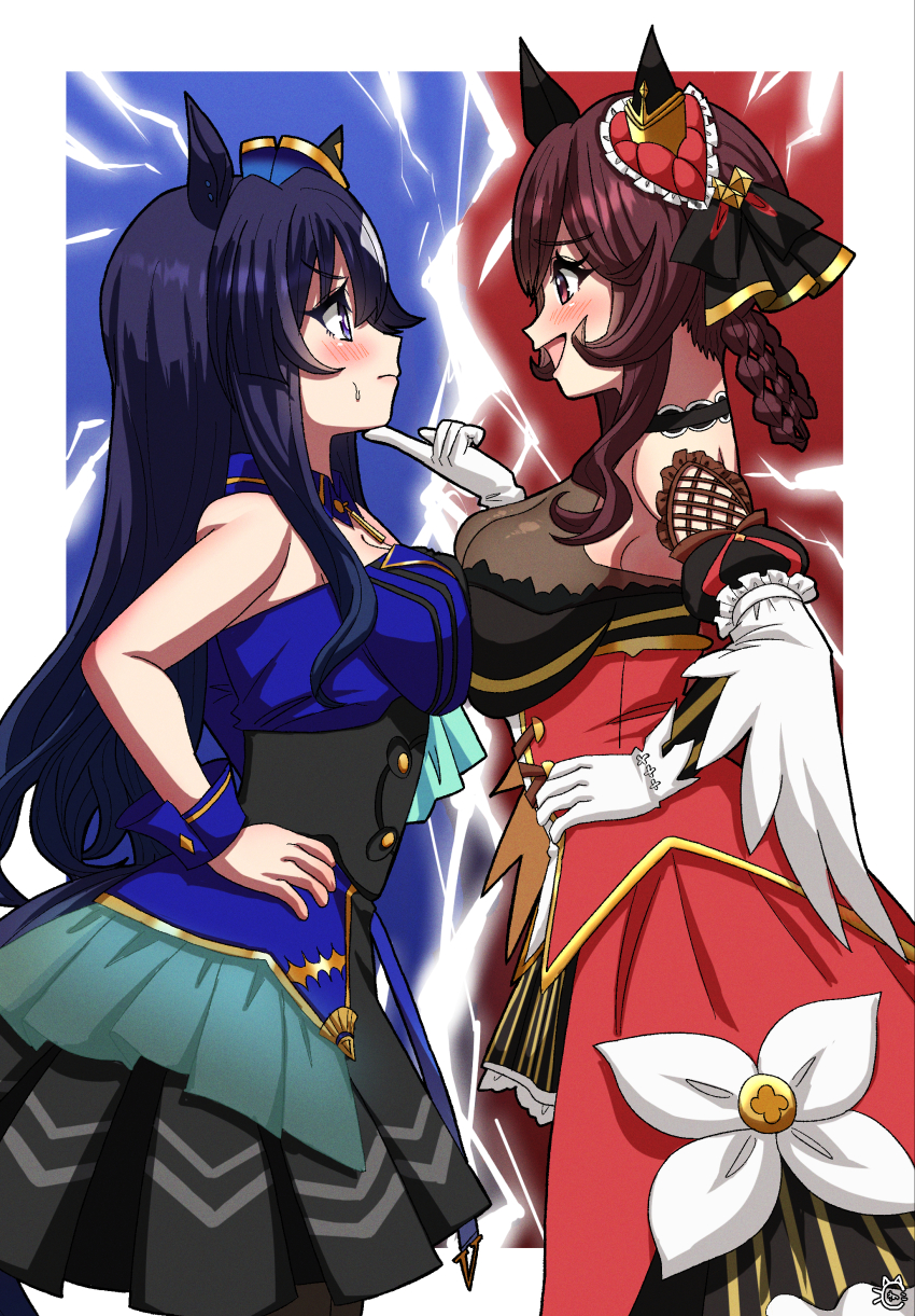 1girl, 2girls, :d, absurdres, animal_ears, bare_arms, bare_shoulders, black_hair