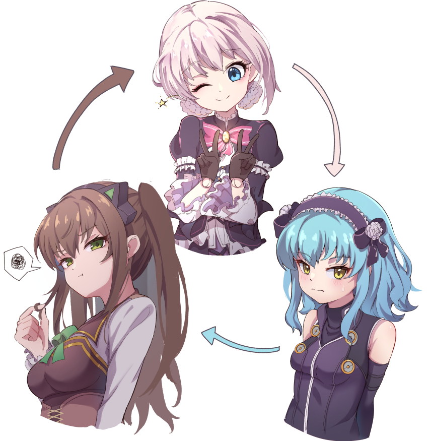 3girls, absurdres, alternate_hairstyle, animal_ears, arrow_(symbol), black_gloves, blue_eyes, blue_hair