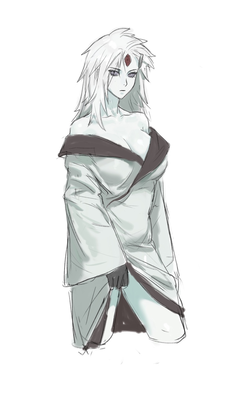 1girl, absurdres, alternate_form, black_gloves, breasts, cleavage, closed_mouth, collarbone, colored_sclera, colored_skin, cropped_legs, genderswap, genderswap_(mtf), gloves, highres, japanese_clothes, juubi_(naruto), juudara, kimono, large_breasts, long_hair, looking_at_viewer, messy_hair, naruto_(classic), naruto_(series), naruto_shippuuden, purple_eyes, purple_sclera, ringed_eyes, rinne_sharingan, rinnegan, simple_background, sketch, solo, third_eye, uchiha_madara, uchiha_madara_(juubi_jinchuriki), uri_ryou, white_background, white_hair, white_kimono, white_skin