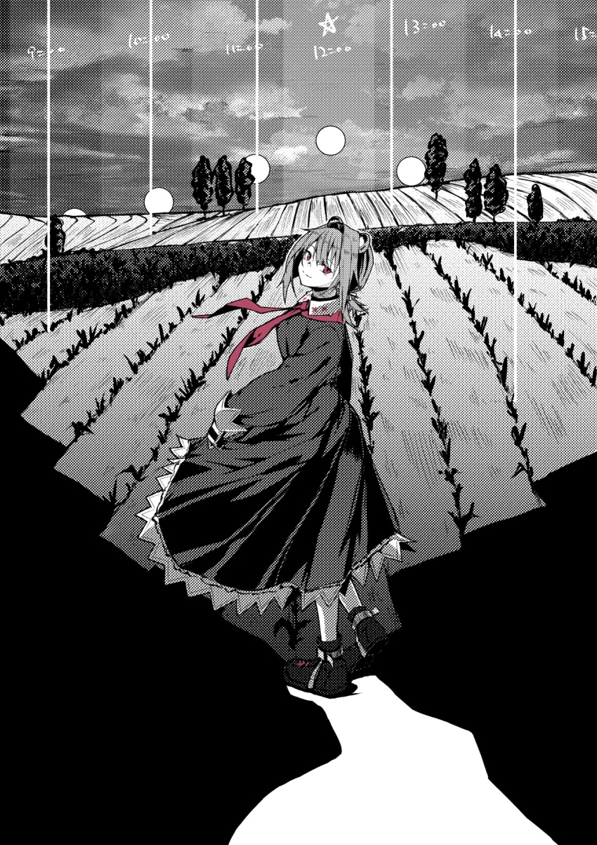 1girl, absinthe_(arknights), absinthe_(noon_twilight)_(arknights), animal_ears, arknights, bear_ears, bear_girl, black_dress, clothes_lift, cloud, cloudy_sky, dress, field, full_body, highres, long_sleeves, looking_at_viewer, looking_back, moon, neckerchief, outdoors, red_eyes, red_neckerchief, short_hair, skirt, skirt_lift, sky, solo, spot_color, tree, tubuan_(tubuan03)