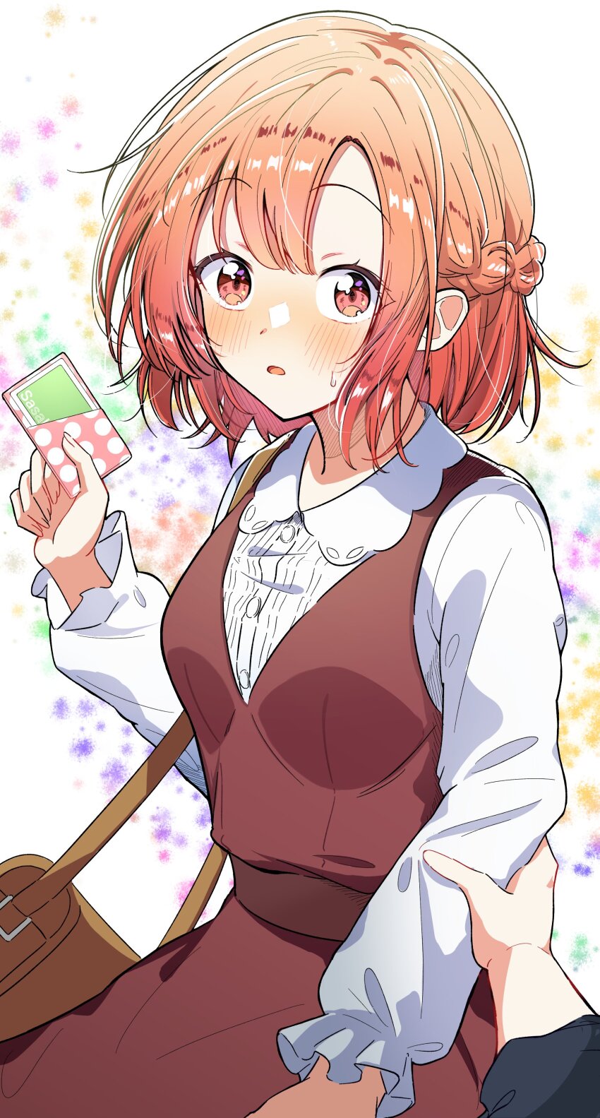 2girls, absurdres, asanagi_yori, bag, blush, braid, brown_dress, collared_shirt