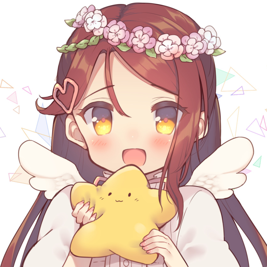 1girl, angel_wings, blush, brown_hair, buttons, center_frills, collared_shirt, eyelashes