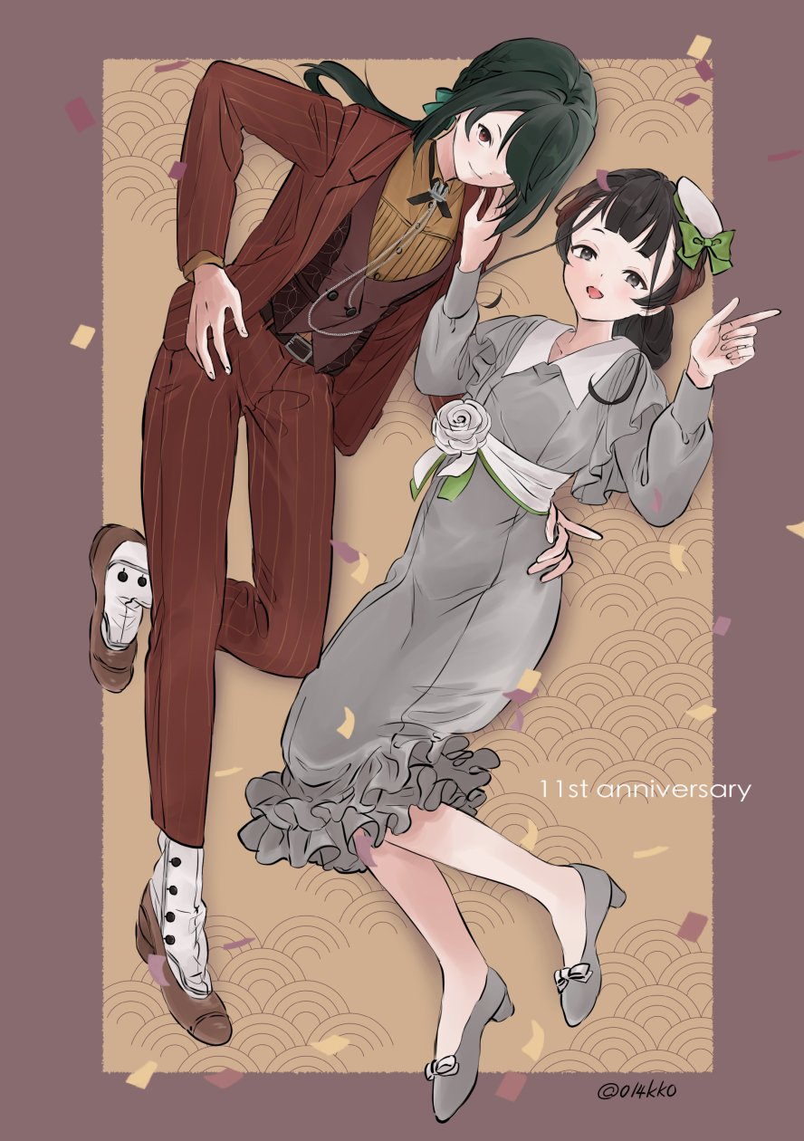 2girls, anniversary, black_hair, blush, closed_mouth, confetti, dress, full_body