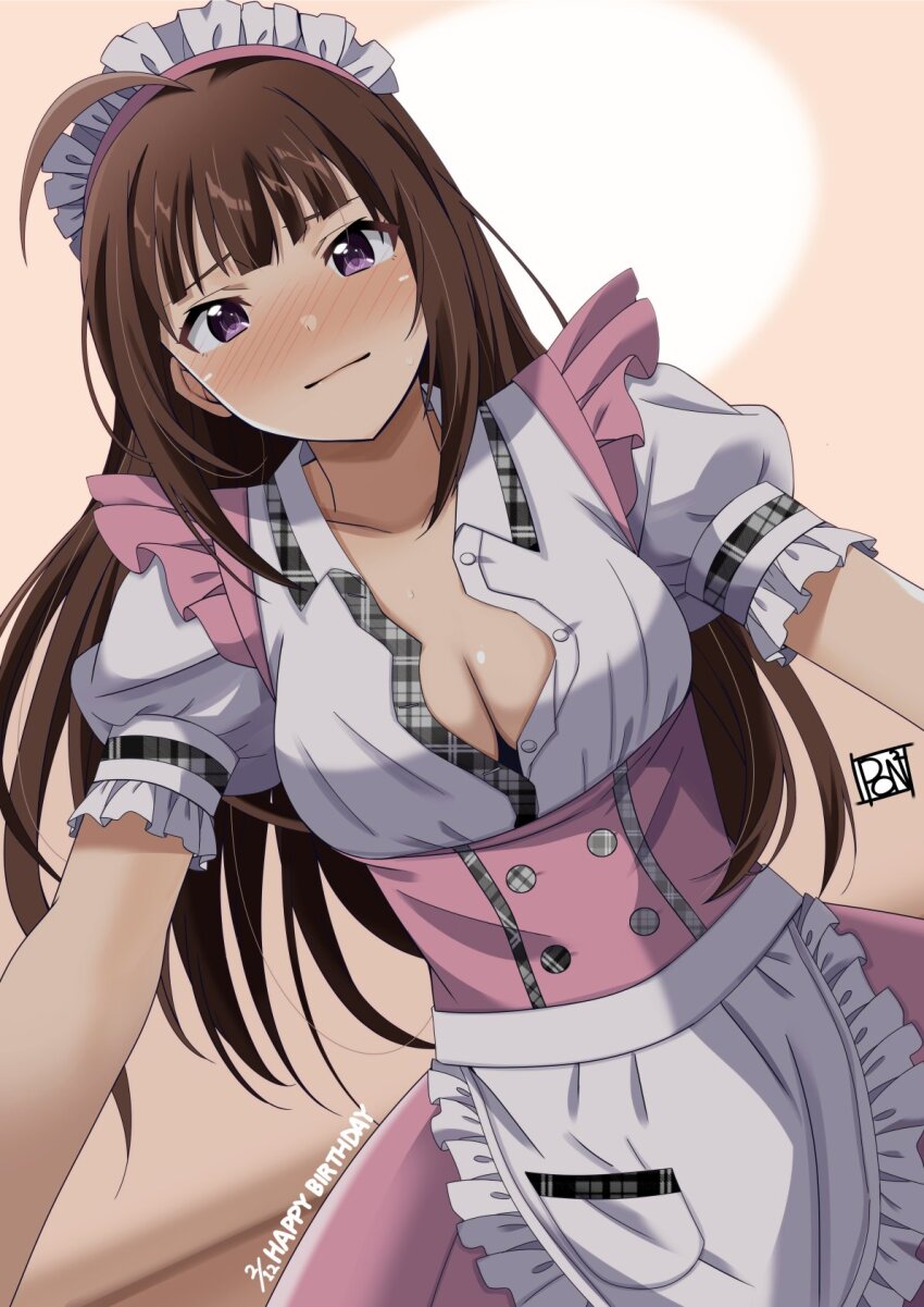 1girl, ahoge, apron, blush, breasts, brown_hair, cleavage, closed_mouth