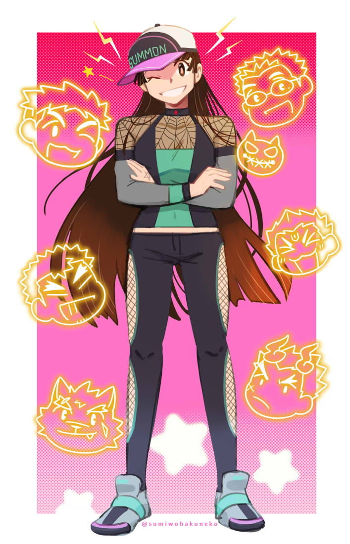 1girl, baseball_cap, border, brown_eyes, clothing_cutout, covered_navel, crossed_arms, detached_sleeves