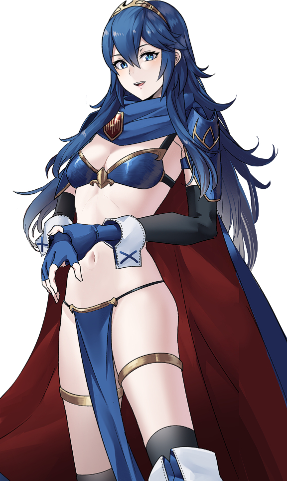 1girl, @storm5958, alexis_tipton, ameno_(a_meno0), armor, armored_boots, bikini, bikini_armor, blue_bikini, blue_eyes, blue_hair, boots, breasts, cape, crescentluna, elbow_gloves, fingerless_gloves, fire_emblem, fire_emblem_awakening, fold-over_boots, gloves, jake_brito, kobayashi_yu, laura_bailey, loincloth, long_hair, lucina_(fire_emblem), navel, nintendo, open_mouth, shoulder_armor, simple_background, small_breasts, smile, solo, standing, swimsuit, symbol-shaped_pupils, tiara, very_long_hair, voice_actor_connection, white_background