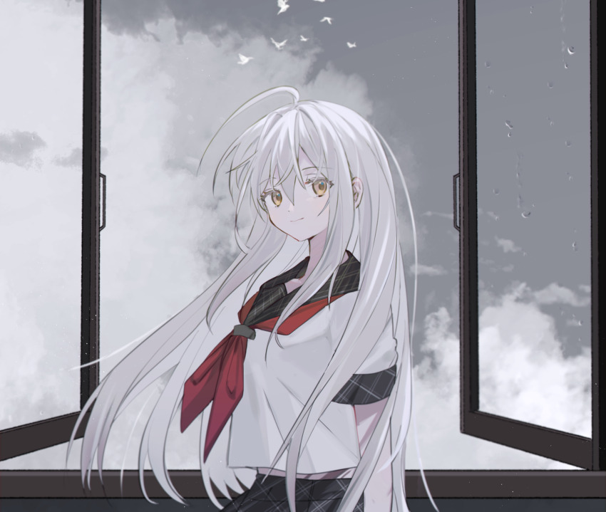 1girl, ahoge, bird, black_sailor_collar, black_skirt, closed_mouth, cloud, cloudy_sky