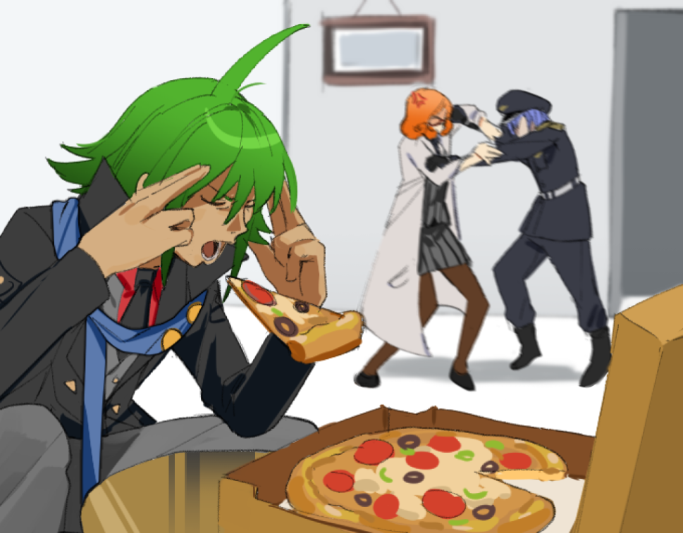 1girl, 2boys, ahoge, anger_vein, belt, black_coat, black_footwear, black_gloves, black_necktie, black_sleeves, blue_hair, blue_hat, blue_jacket, blue_pants, blue_scarf, blue_sleeves, boots, brown_pantyhose, coat, collared_coat, commentary_request, curly_hair, danganronpa_another, dark-skinned_male, dark_skin, dress, eating, epaulettes, faceless, faceless_female, faceless_male, fighting, fingers_to_head, food, glasses, gloves, green_hair, grey_dress, grey_pants, grey_vest, hands_on_another's_arms, hat, high_collar, hrdrifter, indoors, jacket, kinjou_tsurugi, lab_coat, layered_sleeves, long_sleeves, man_levitating_pizza_(meme), medium_hair, mekaru_rei, meme, multiple_boys, necktie, orange_hair, otori_teruya, painting_(object), pants, pantyhose, partially_unbuttoned, pizza, pizza_box, pocket, police, police_hat, police_uniform, red-framed_eyewear, scarf, shadow, shirt, shoes, short_dress, short_hair, squatting, striped_clothes, striped_dress, super_danganronpa_another_2, telekinesis, vertical-striped_clothes, vertical-striped_dress, vest, white_belt, white_shirt, white_sleeves