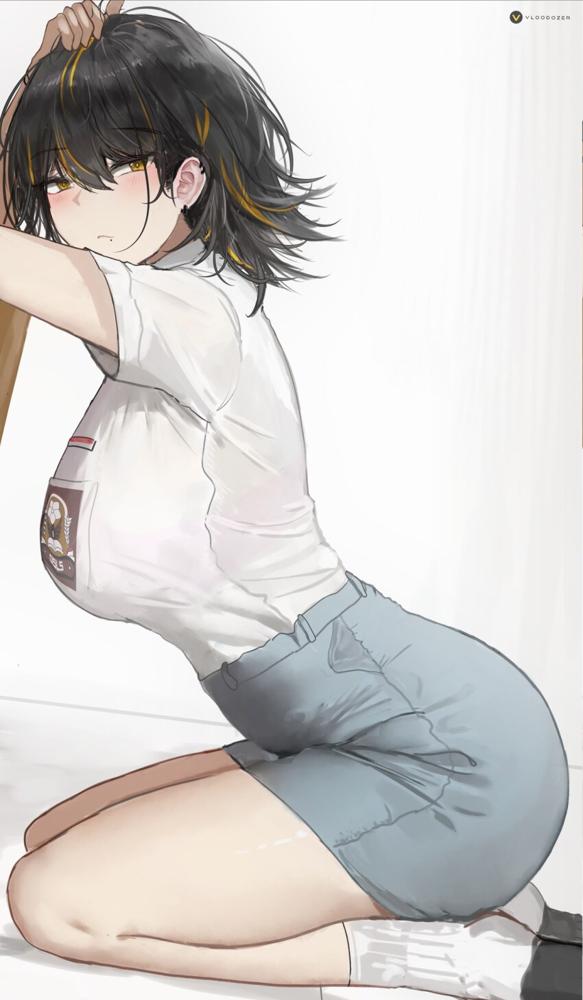 1girl, artist_logo, black_hair, blonde_hair, blue_skirt, blush, breasts, closed_mouth