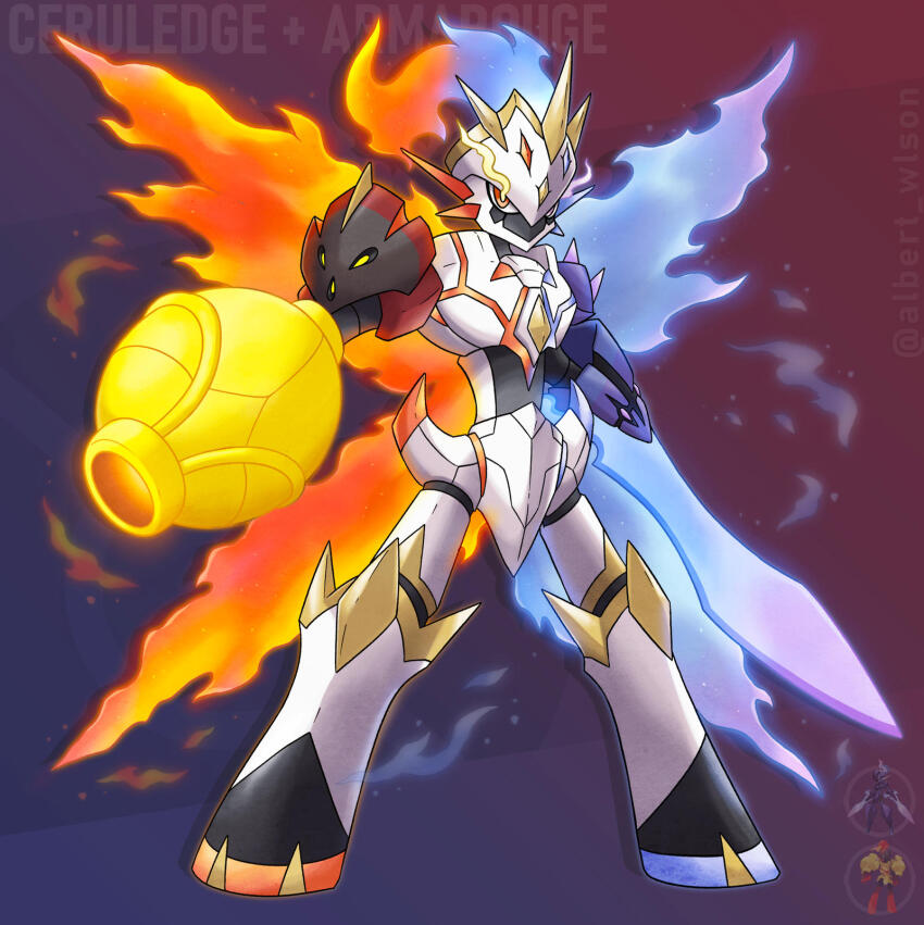 albrt-wlson, armarouge, cannon, ceruledge, digimon, fire, fusion, highres, nintendo, omegamon, pokemon, red_eyes, sword, weapon
