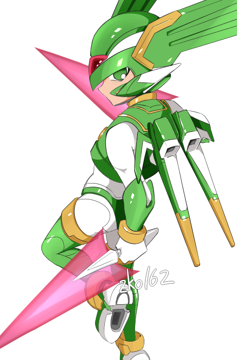 1boy, armor, boots, crop_top, dual_wielding, energy_sword, facial_mark, forehead_jewel, from_behind, green_armor, green_boots, green_helmet, head_wings, helmet, holding, holding_sword, holding_weapon, looking_at_viewer, looking_back, mechanical_wings, mega_man_(series), mega_man_zero_(series), sage_harpuia_(mega_man), simple_background, solo, sword, thigh_boots, weapon, white_background, wings, zko162