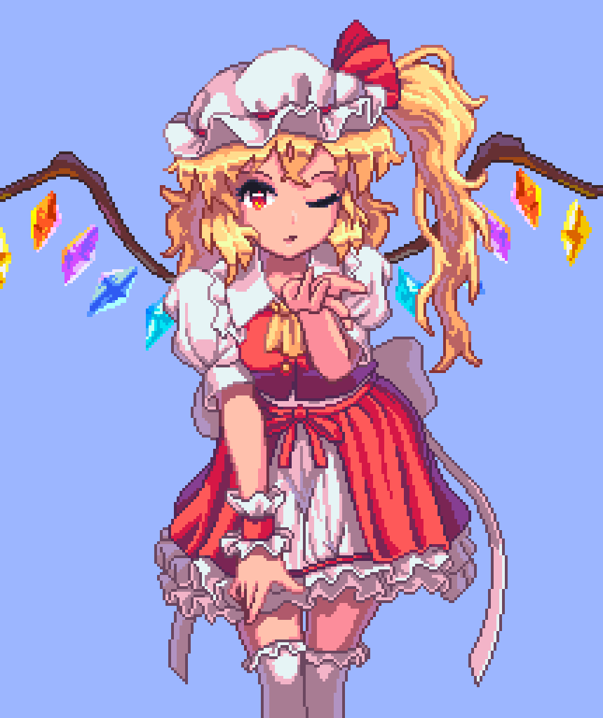 1girl, ascot, blonde_hair, blowing_kiss, blurry, blurry_background, commentary, crystal, flandre_scarlet, frilled_skirt, frills, hat, looking_at_viewer, mob_cap, multicolored_wings, one_eye_closed, one_side_up, open_mouth, pixel_art, potemki11, puffy_short_sleeves, puffy_sleeves, red_eyes, red_vest, short_sleeves, side_ponytail, skirt, solo, thighhighs, touhou, vest, white_thighhighs, wings, yellow_ascot