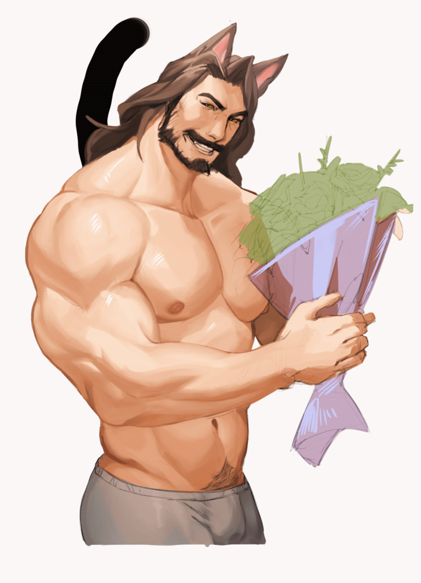 1boy, abs, absurdres, animal_ears, animated, animated_gif, bara, beard, bouquet, brown_hair, bulge, cat_boy, cat_ears, cat_tail, check_copyright, copyright_request, cowboy_shot, cropped_legs, facial_hair, flower, full_beard, grin, highres, kantocryz, large_pectorals, looking_at_viewer, male_focus, mature_male, muscular, muscular_male, mustache, navel, nipples, original, pants, pectorals, smile, solo, standing, stomach, tail, tail_wagging, thick_eyebrows, thick_mustache, track_pants, unfinished