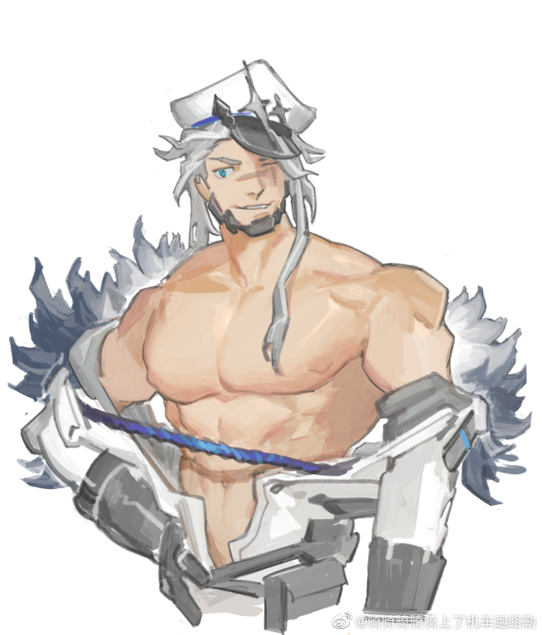 1boy, abs, alchemy_stars, bara, bare_pectorals, barton_(alchemy_stars), blue_eyes, cropped_legs