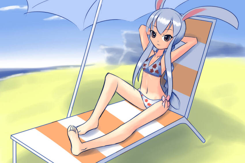 1girl, amy_(ryuhi), arms_behind_head, arms_up, barefoot, beach, beach_chair, beach_umbrella