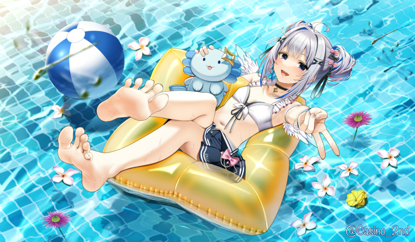 1girl, :d, ahoge, amane_kanata, amane_kanata_(summer), ball, barefoot, beachball