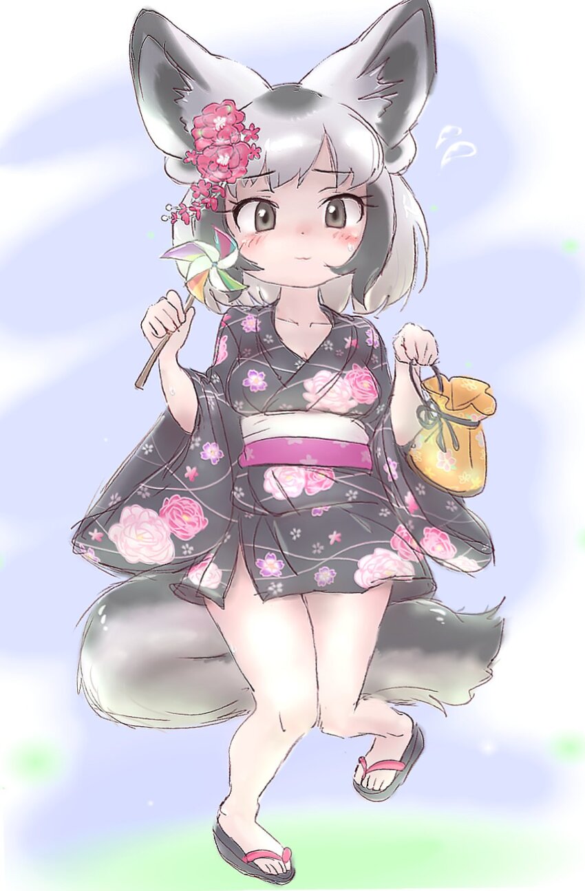 1girl, animal_ears, bag, bat-eared_fox_(kemono_friends), black_hair, black_kimono, blush, breasts