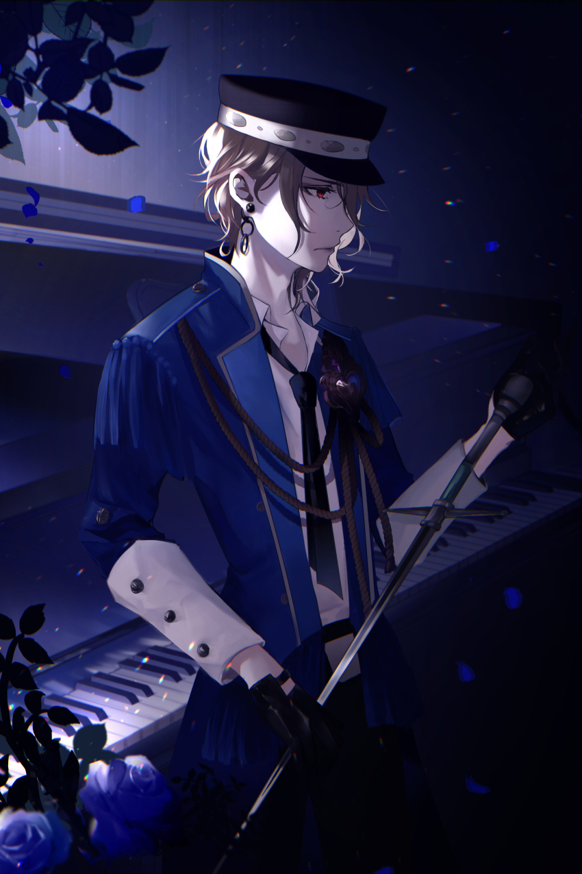 1boy, absurdres, aiguillette, black_gloves, black_hat, black_necktie, black_pants, blonde_hair