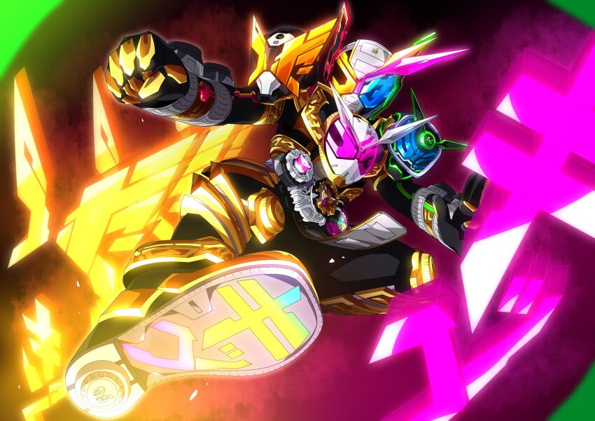 1boy, armor, black_bodysuit, blue_eyes, bodysuit, clenched_hand, finishing_move, flying_kick