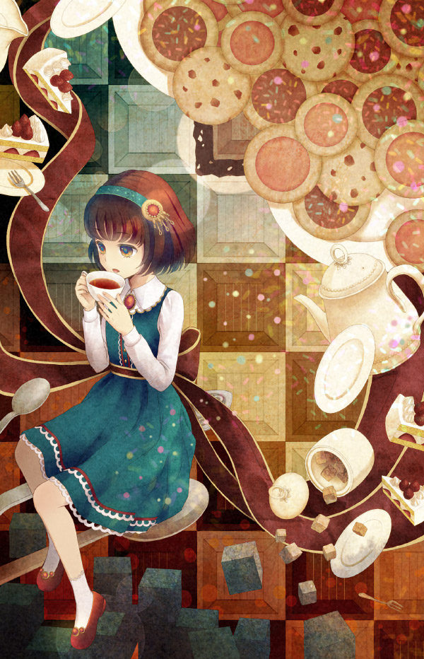 1girl, bad_id, bad_pixiv_id, brown_eyes, brown_hair, cake, cube, cup