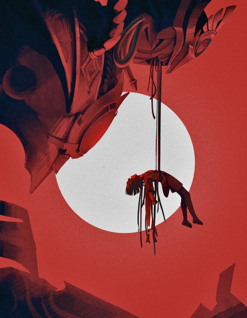 1boy, armor, blunt_ends, cable, closed_mouth, covered_eyes, daydreeaaaming, genshin_impact, highres, japanese_armor, jewelry, kote, kurokote, male_focus, necklace, missing_headwear, red_background, red_theme, robot, sandals, scaramouche_(genshin_impact), scaramouche_(shouki_no_kami)_(genshin_impact), shirt, short_hair, short_sleeves, shorts, simple_background, socks, solo, sun_symbol