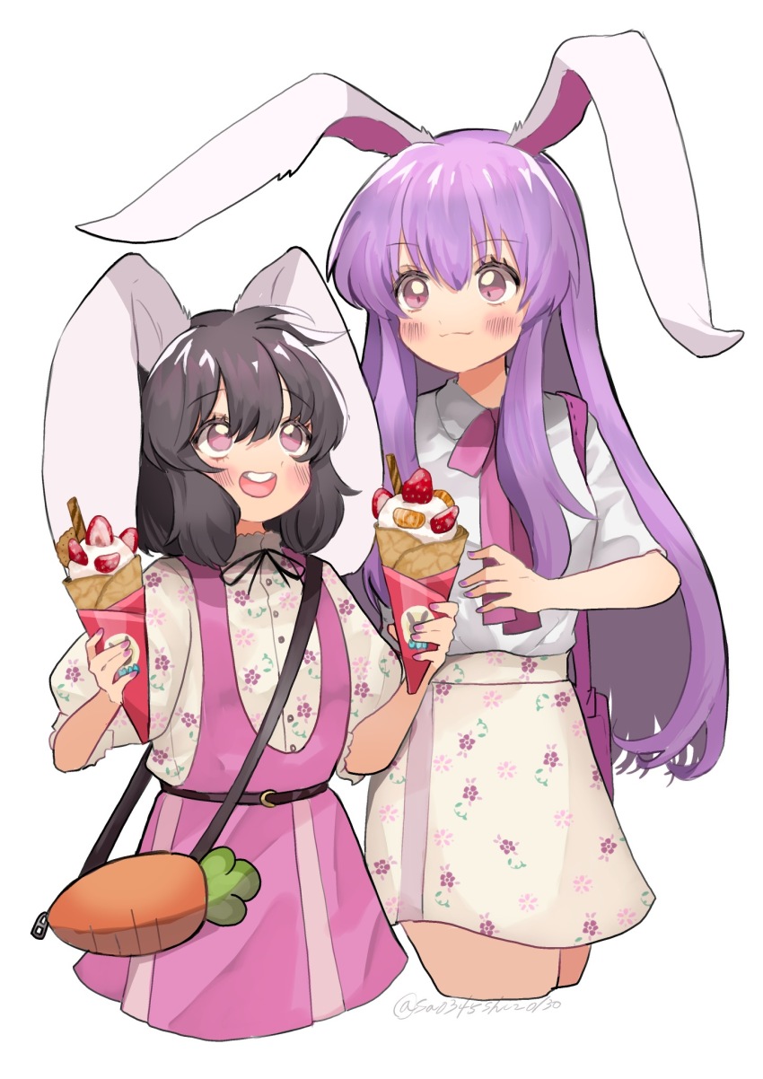 2girls, :d, alternate_costume, animal_ears, artist_name, bag, black_hair, black_ribbon