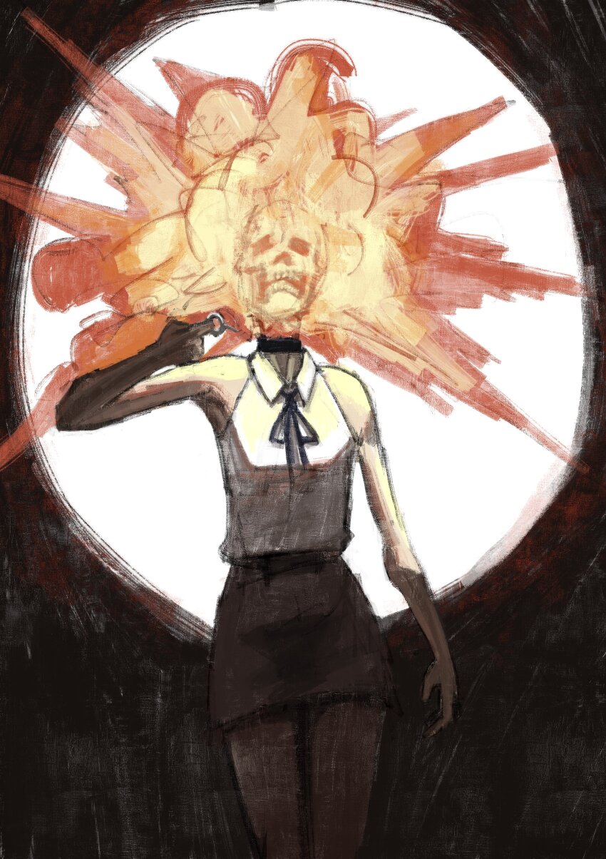 1girl, absurdres, black_choker, black_skirt, brown_pantyhose, chainsaw_man, choker, commentary_request