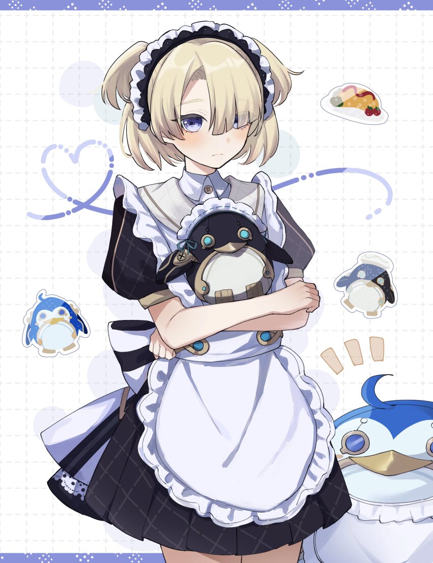 1boy, absurdres, apron, bird, blonde_hair, blush, closed_mouth, crossdressing