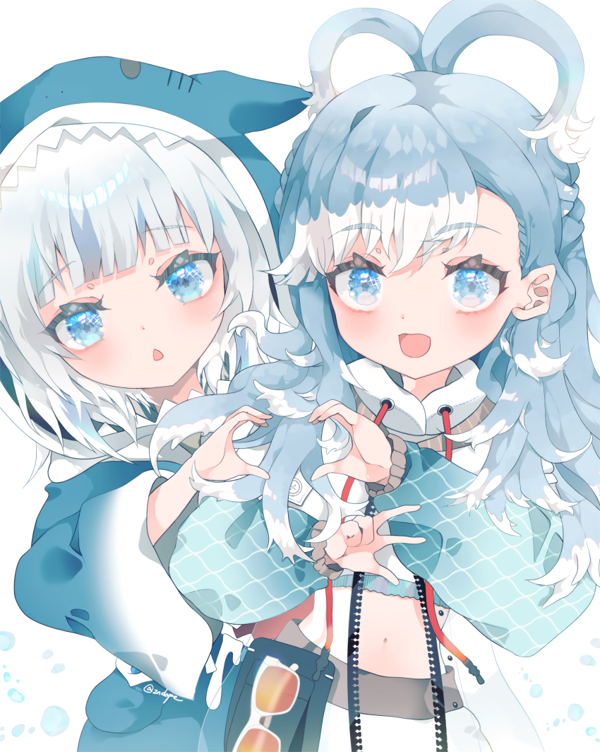 2girls, 2ndope, absurdres, animal_costume, animal_hood, blue_eyes, blue_hair, blue_hoodie